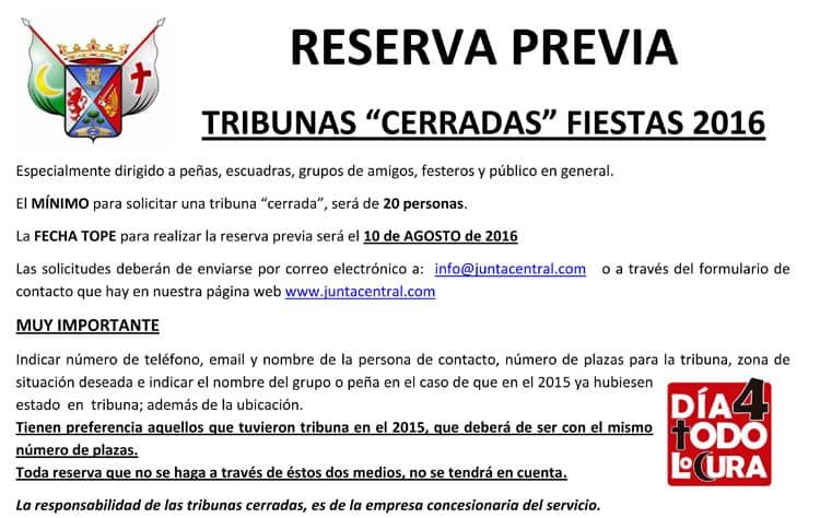 La Junta Central de Fiestas abre el plazo para la reserva de tribunas
