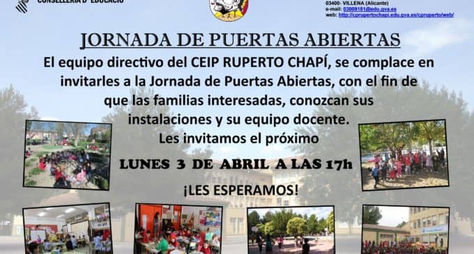 El colegio Ruperto Chapí celebrará el próximo lunes, 3 de abril, su Jornada de Puertas Abiertas