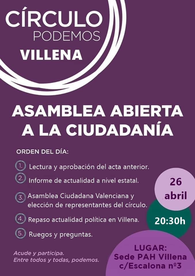 Podemos Villena convoca una asamblea para este miércoles 26 de abril