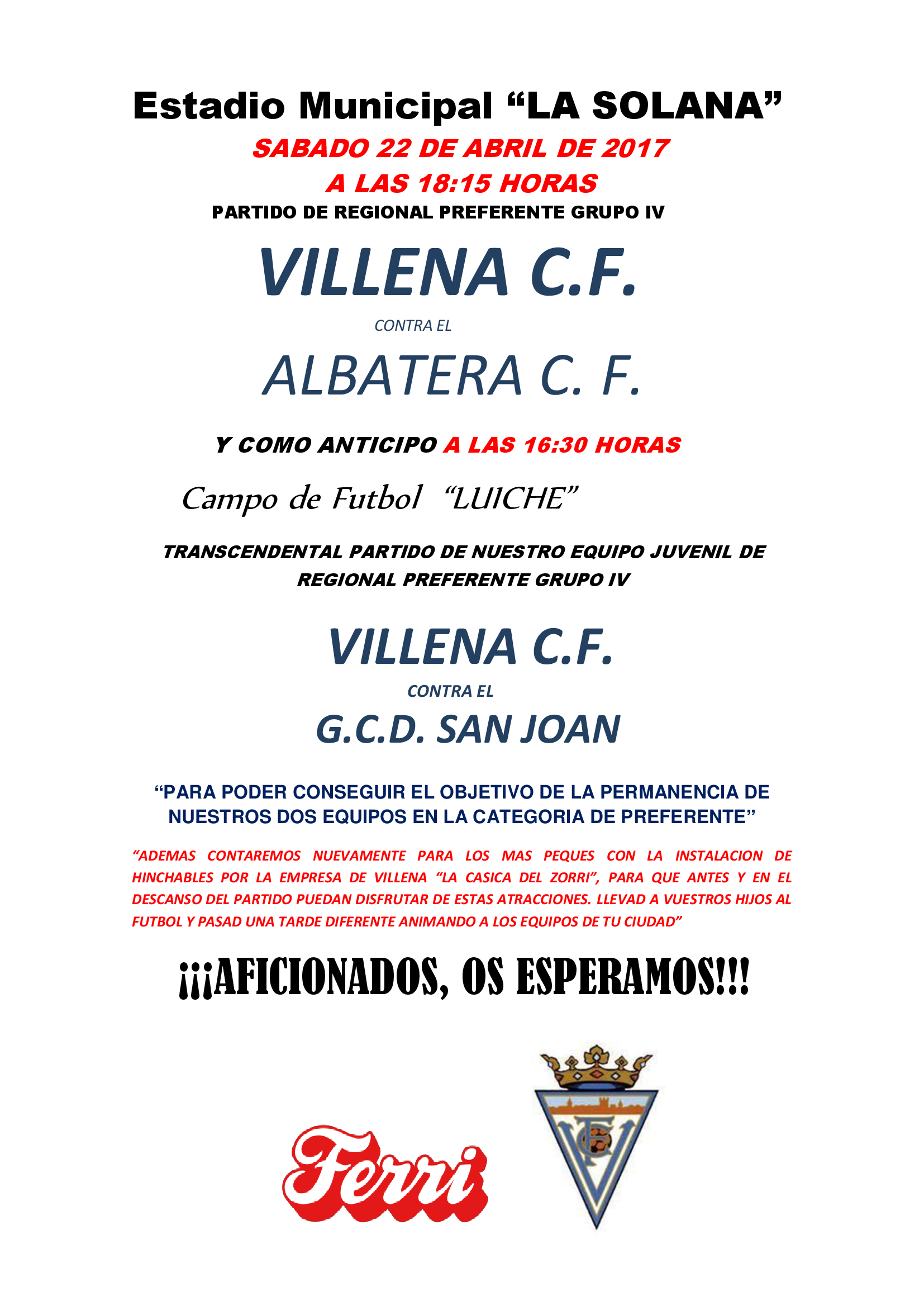 El Villena CF anima a la afición a que asista a La Solana el sábado 22 de abril