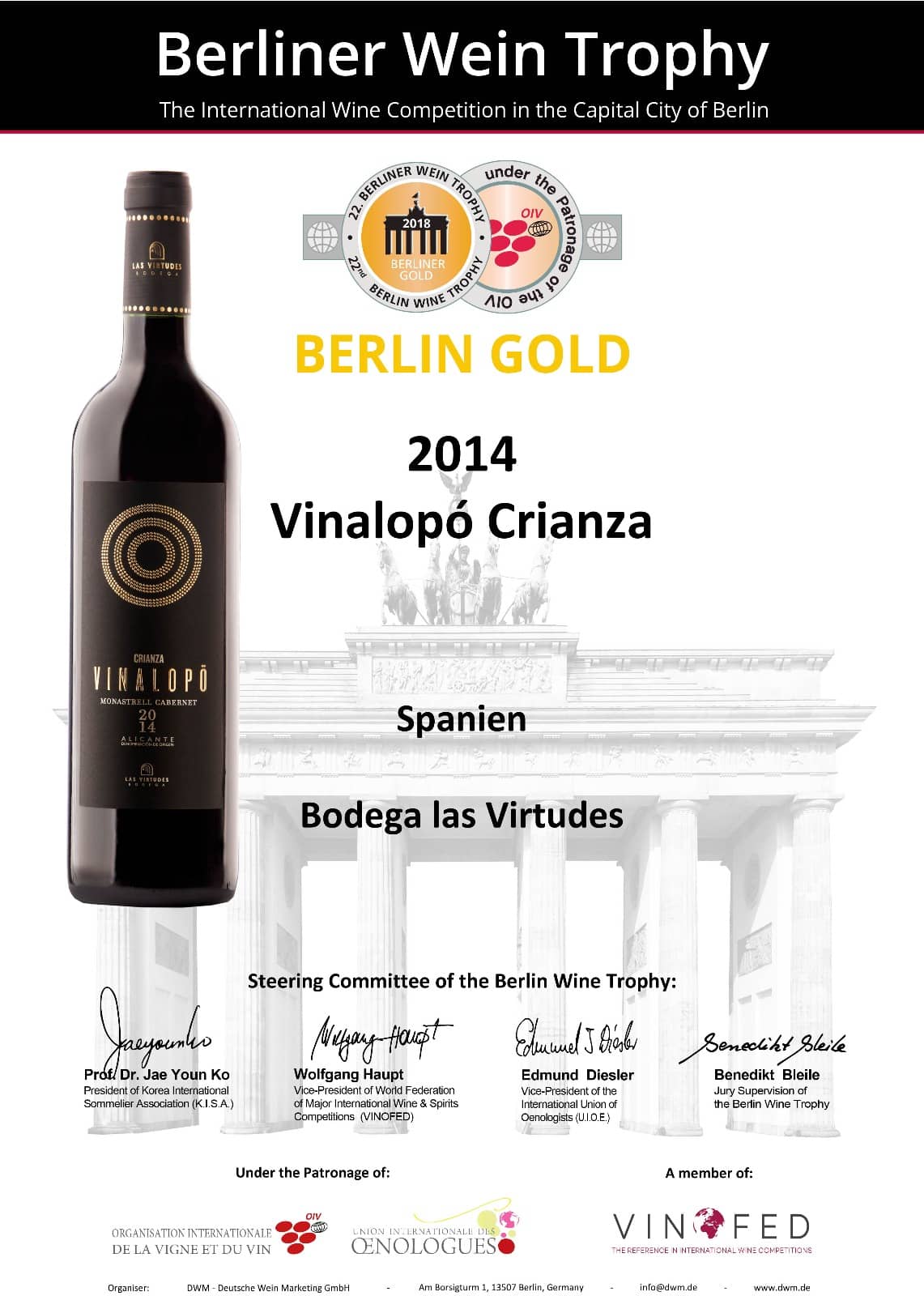 Medalla de Oro para nuestro Vinalopó Crianza ene el Berliner Wine Trophy 2018