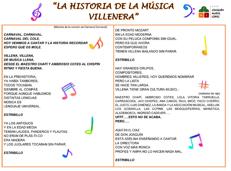 El Carnaval en el colegio Joaquín María López versará sobre “La historia de la Música Villenera”