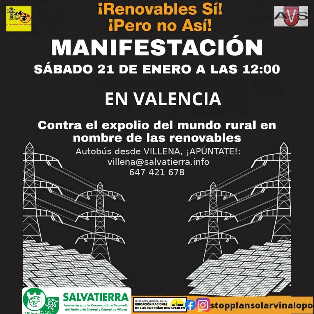 Asociación Salvatierra de Villena invita a participar en una manifestación en Valencia por la ubicación  racional de las energías renovables
