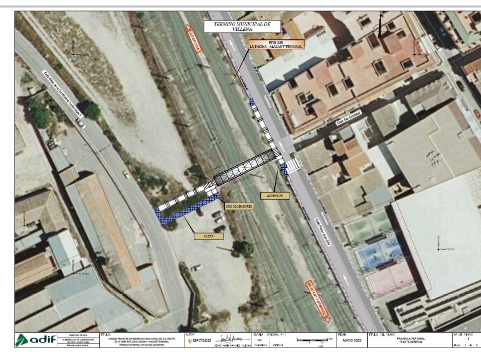 ADIF ubicará en Villena una pasarela elevada en Pintor Juan Gris y un nuevo puente en el Camino de San Juan para salvar las vías del tren